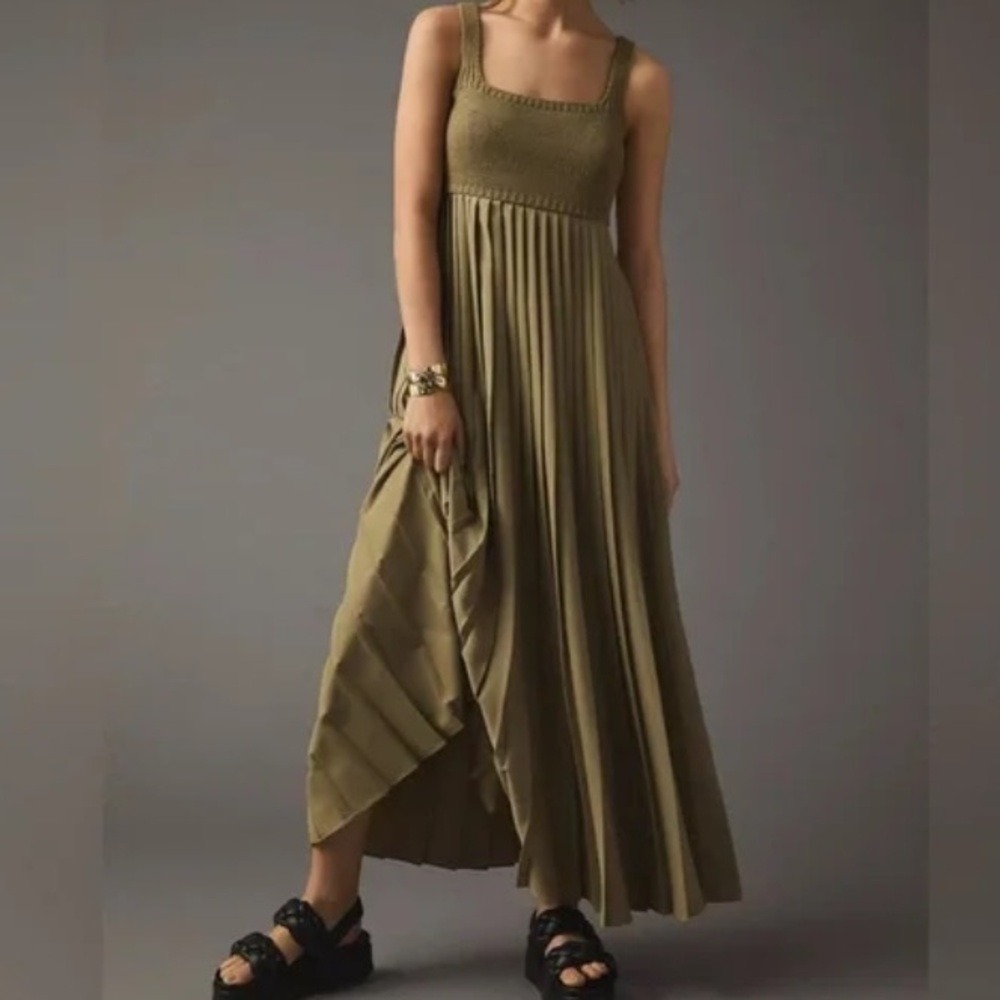 mare mare x ANTHROPOLOGIE‎ Khaki Pleated Twofer Pleated Sleeveless Maxi Dress M